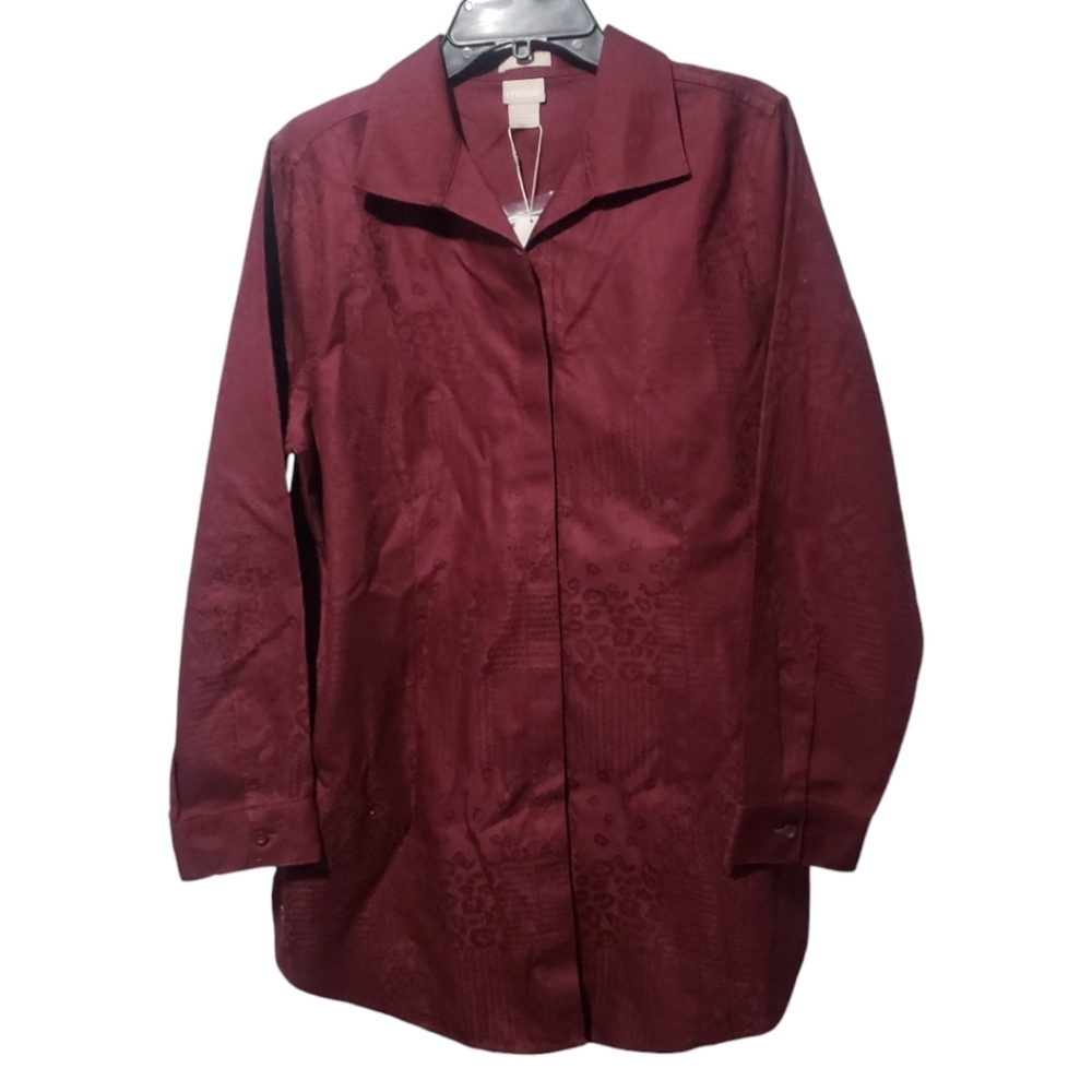 CHICO'S NO-IRON Burgundy Saten 100% Cotton Buttoned Tunic Shirt Size 2 L(12) NWT